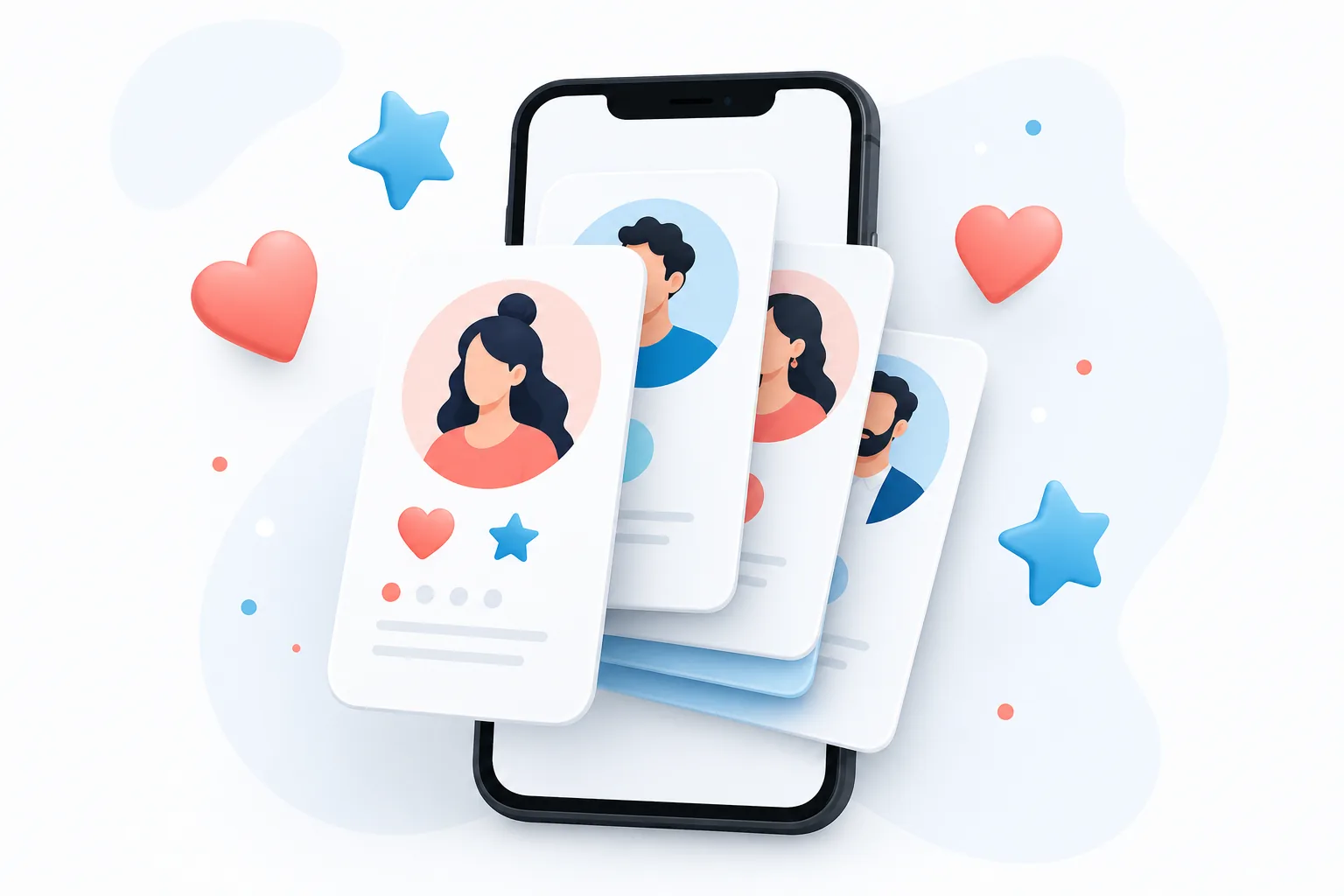 Illustrazione editoriale di uno smartphone che mostra una pila di schede profili di creator di tendenza con cuori e stelle: come gli iscritti scoprono i migliori account OnlyFans gratuiti del 2026.